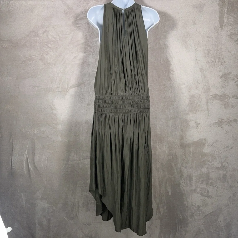 Ramy Brook Audrey Midi Dress Womens XS Olive Green Smocked Halter Stretch
